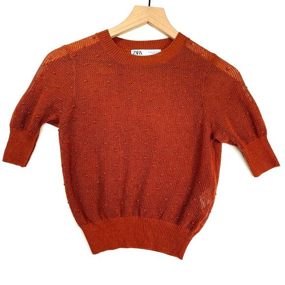 Zara Sweaters - ZARA Cropped Puff Sleeve Sweater Rust Size S Texture Knit Coquette Dark Academia